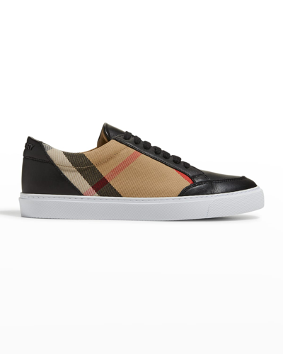 Shop Burberry Salmond Check Leather Low-top Sneakers In Black