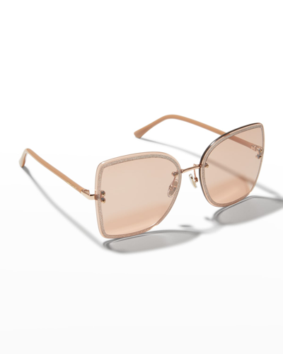 Shop Jimmy Choo Letis Rimless Metal Butterfly Sunglasses In 0fib Nude Gold