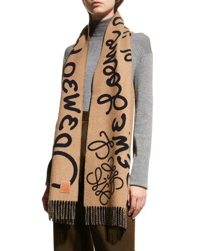 Leather-trimmed Fringed Wool And Cashmere-blend Jacquard Scarf In Brown