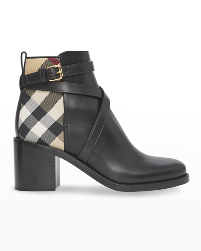 Shop Burberry Pryle Equestrian Check Ankle Booties In Black-archive Bei