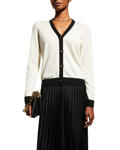 Shop Tory Burch Colorblock Button-down Cashmere Cardigan In Black/soft Ivory