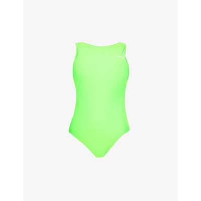 Shop Ganni Brand-printed Recycled-polyamide-blend Swimsuit In Lime Popsicle