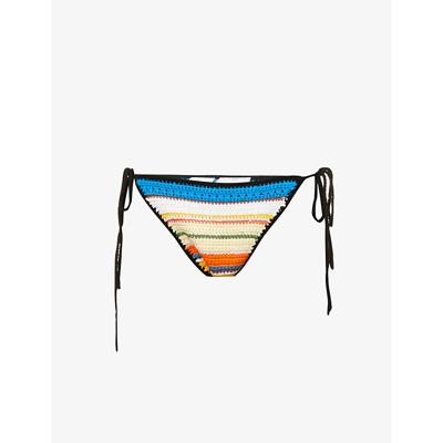 Shop Ganni Striped Crochet High-rise Organic-cotton Bikini Bottoms In Beach Stripe Multi