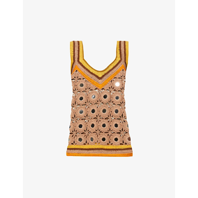 Shop Wales Bonner Marimba Crochet V-neck Cotton-knitted Top In Camel