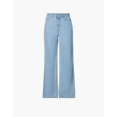 Shop Ganni Women's Blue Magny Wide-leg High-rise Organic-cotton Denim Jeans