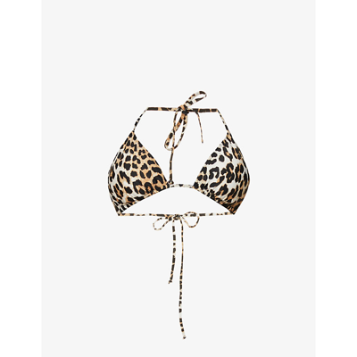Shop Ganni Animal-print Triangle Recycled-polyamide-blend Bikini Top In Leopard