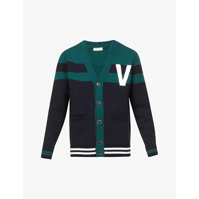 Shop Valentino Logo-appliqué V-neck Cotton-knit Cardigan In Navy/green/avorio