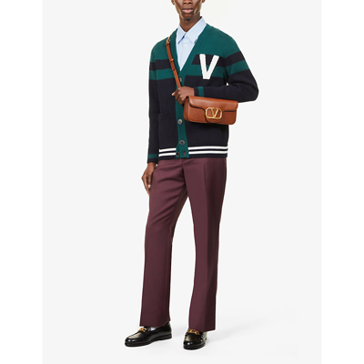 Shop Valentino Logo-appliqué V-neck Cotton-knit Cardigan In Navy/green/avorio