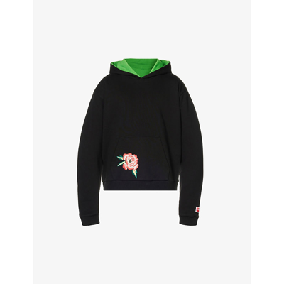 Shop Kenzo Flower-embroidered Relaxed-fit Cotton Hoody In Black