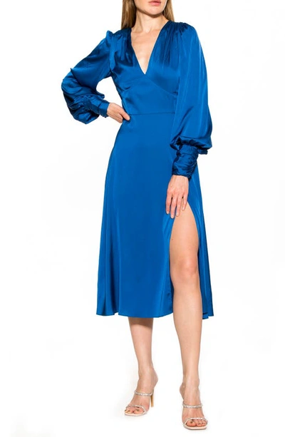 Shop Alexia Admor Elysa Long Sleeve Satin Midi Dress In Lapis