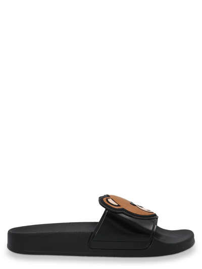 Moschino Couture Slide Teddy Bear Sandals In Black