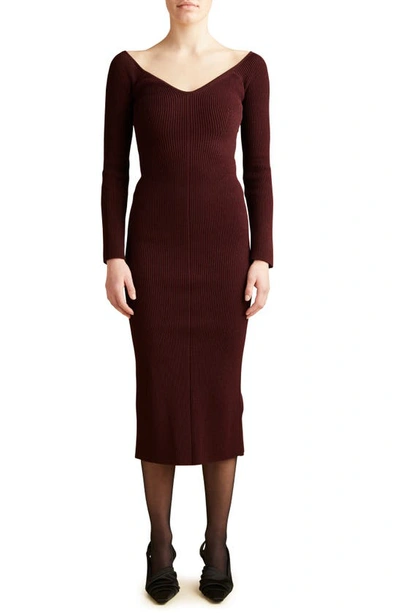 Shop Khaite Pia Ribbed Off The Shoulder Long Sleeve Sweater Dress In Merlot