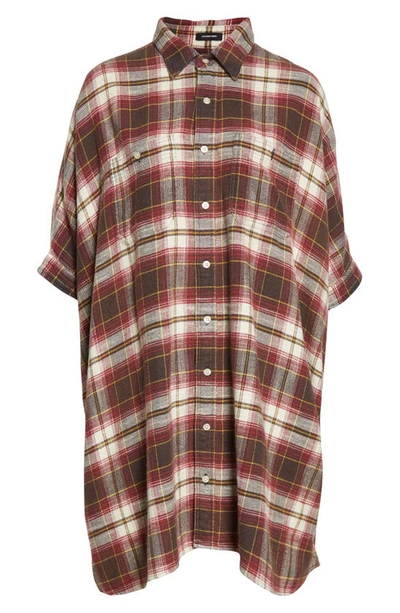 Shop R13 Plaid Oversize Cotton Flannel Shirtdress In Ecru/ Maroon Plaid