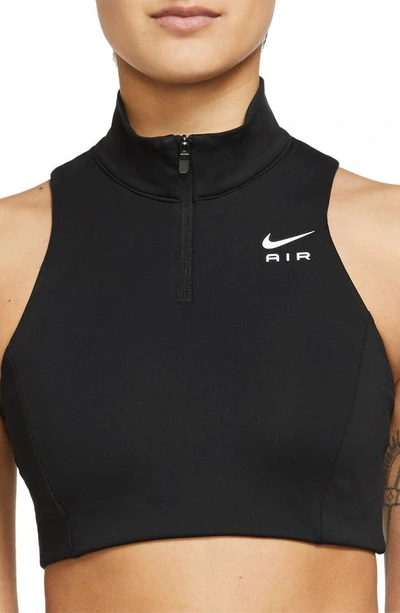 Shop Nike Air Dri-fit Swoosh Mock Zip Sports Bra In Black/ Black/ White