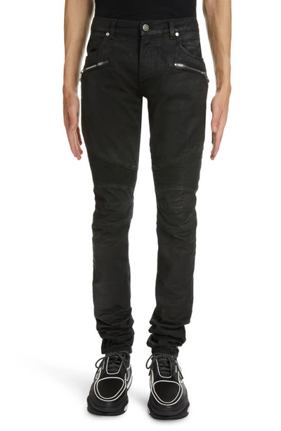 Shop Balmain Coated Ribbed Slim Fit Jeans In 0pc Noir Delave
