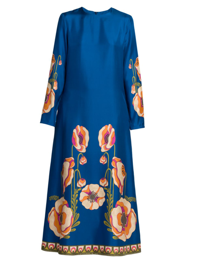 Shop La Doublej Women's Silk Long-sleeve Maxi Dress In Poppies Blue