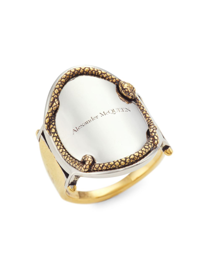 Shop Alexander Mcqueen Men's Snake Logo Ring In Silver Gold