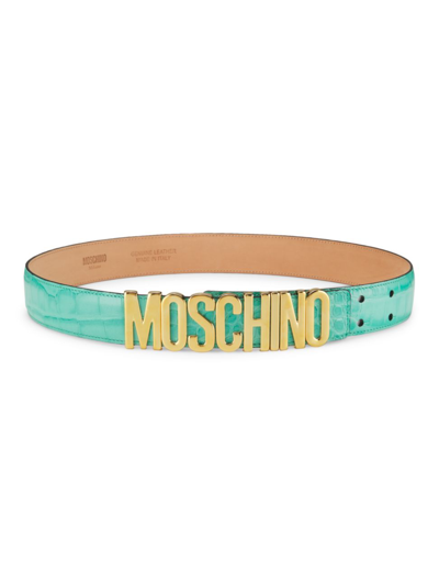 Shop Moschino Women's Logo Buckle Croc-embossed Leather Belt In Green