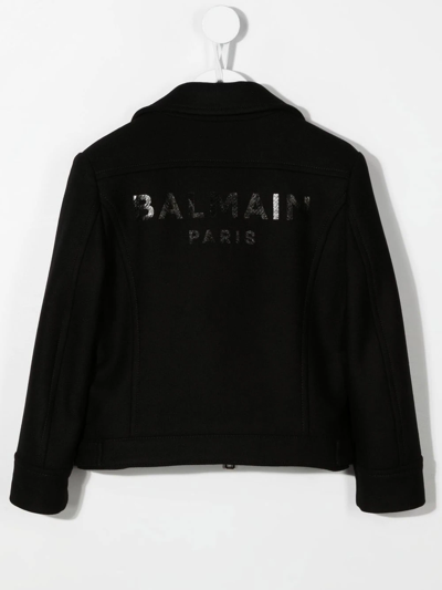 Shop Balmain Logo-print Zip-up Jacket In Black