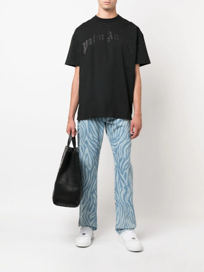Palm Angels Black Crewneck T-shirt With Maxi Logo Print On The Front In Cotton Man In Black