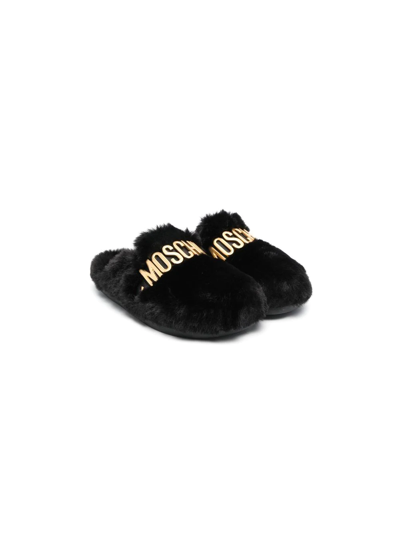 Shop Moschino Faux-fur Logo Slippers In Black