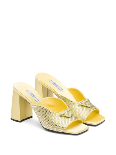 Shop Prada Crystal-studded High-heeled Satin Slides In Yellow