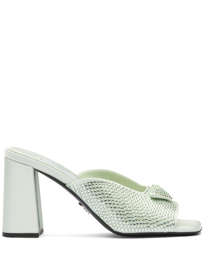Shop Prada Crystal-studded High-heeled Satin Slides In Green