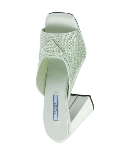 Shop Prada Crystal-studded High-heeled Satin Slides In Green