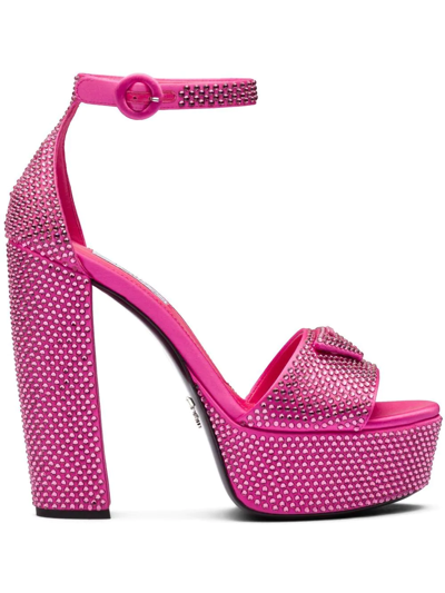 Shop Prada Crystal-studded 135mm Satin Platform Sandals In Pink