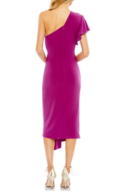 Shop Mac Duggal One-shoulder Jersey Midi Dress In Magenta