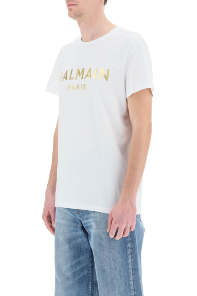 Shop Balmain Metallic Gold Logo T-shirt In Multicolor