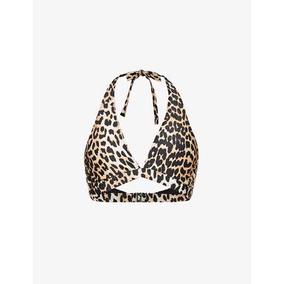 Shop Ganni Leopard-print Halter Neck Bikini Top