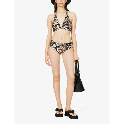 Shop Ganni Leopard-print Halter Neck Bikini Top