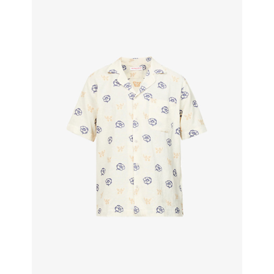 Shop Orlebar Brown Marne Floral-embroidered Short-sleeved Cotton-blend Shirt In White Sand