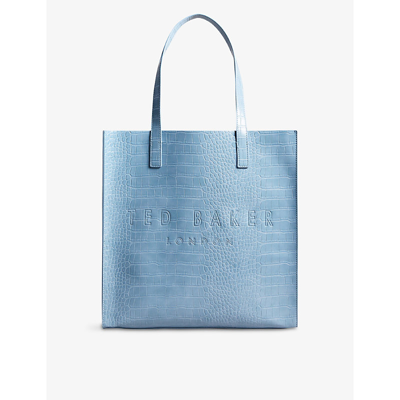 Shop Ted Baker Croccon Faux-leather Shopper Tote Bag In Pl-blue
