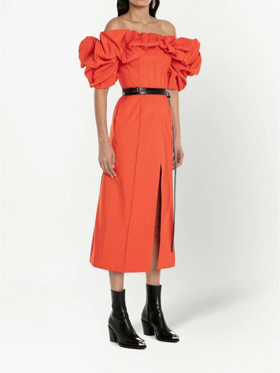 Alexander Mcqueen Off-the-shoulder Ruffled Faille Midi Dress In Orange |  ModeSens