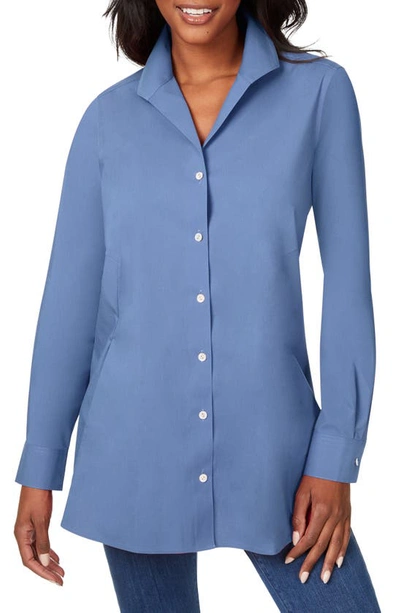Shop Foxcroft Cecilia Non-iron Button-up Tunic Shirt In Blue Denim