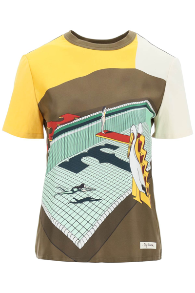 Shop Tory Burch Graphic Silk T-shirt In Khaki,yellow,beige