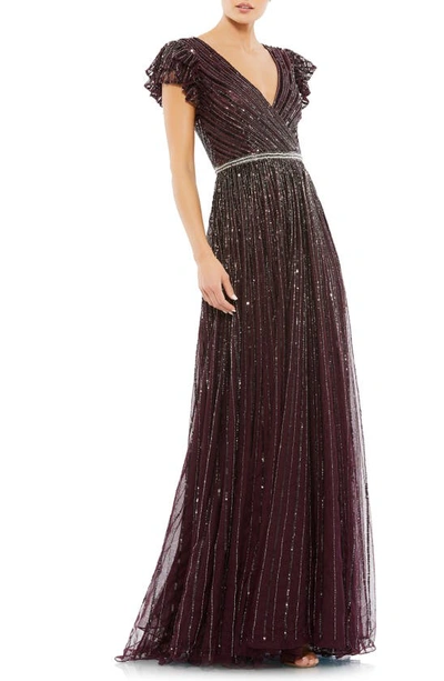 Shop Mac Duggal Beaded Cap Sleeve Tulle A-line Gown In Blackberry