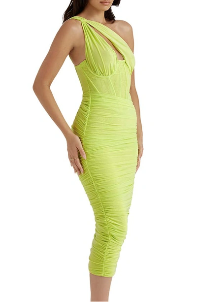 House Of Cb Valentina Asymmetric Cutout One-shoulder Midi Dress In Lime |  ModeSens