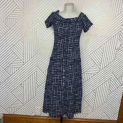 Pre owned Zara Tweed Midi Dress Gemstone Buttons Navy Blue Black