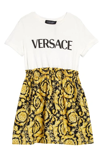 Shop Versace Kids' Barocco Print Cotton Logo Dress In Bianco Nero Oro