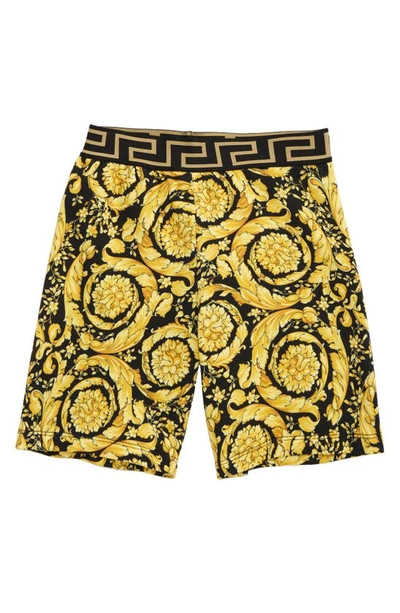 Shop Versace Kids' Barocco Print Cotton Shorts In Nero Oro