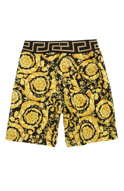 Shop Versace Kids' Barocco Print Cotton Shorts In Nero Oro