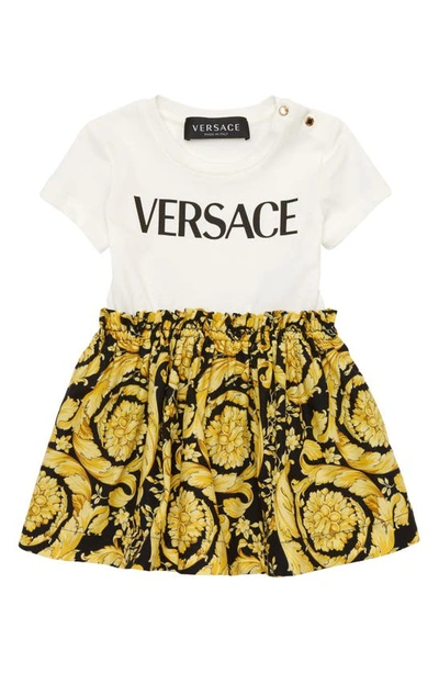 Shop Versace Barocco Print Cotton Logo Dress In Bianco Nero Oro
