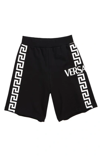 Shop Versace Kids' La Greca Cotton Sweat Shorts In Nero Bianco