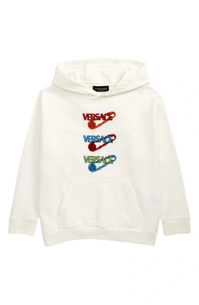 Shop Versace Kids' Safety Pin Cotton Logo Graphic Hoodie In Bianco Multicolor