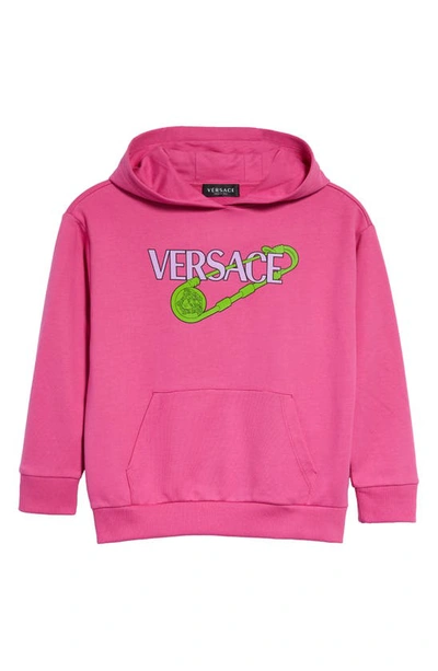 Shop Versace Kids' Safety Pin Logo Graphic Cotton Hoodie In Fuxia Multicolor
