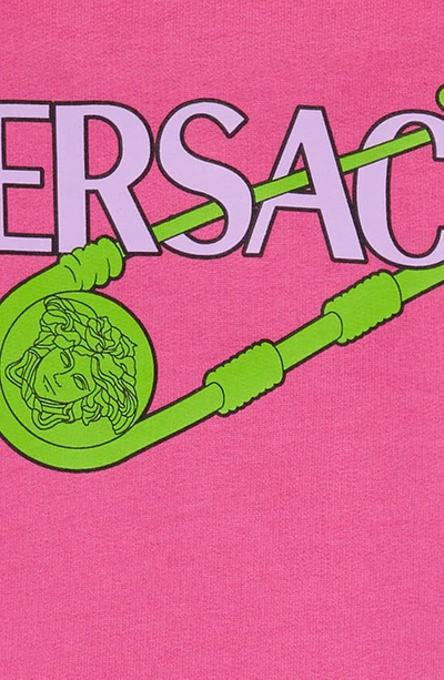 Shop Versace Kids' Safety Pin Logo Graphic Cotton Hoodie In Fuxia Multicolor