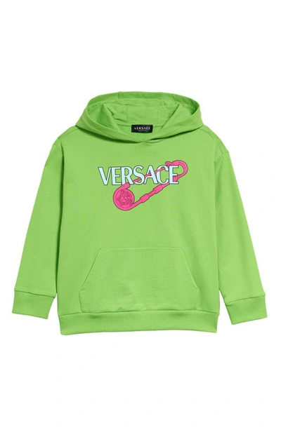 Shop Versace Kids' Safety Pin Logo Graphic Cotton Hoodie In Acid Multicolor